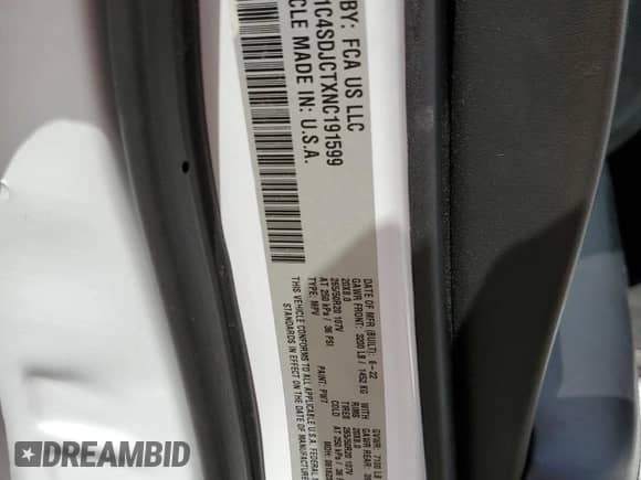 2022 Dodge Durango R/T Plus with VIN 1C4SDJCTXNC191599, listed as a Copart auction lot 69788335 with 38,418 mi miles and Salvage title. Bid and sale history available at DreamBid. Image 12.