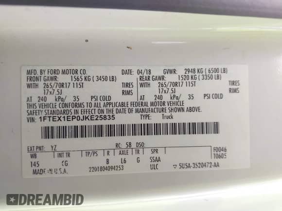 2018 Ford F-150 XLT with VIN 1FTEX1EP0JKE25835, listed as a IAAI auction lot 43324659 with 180,081 mi miles and . Bid and sale history available at DreamBid. Image 9.