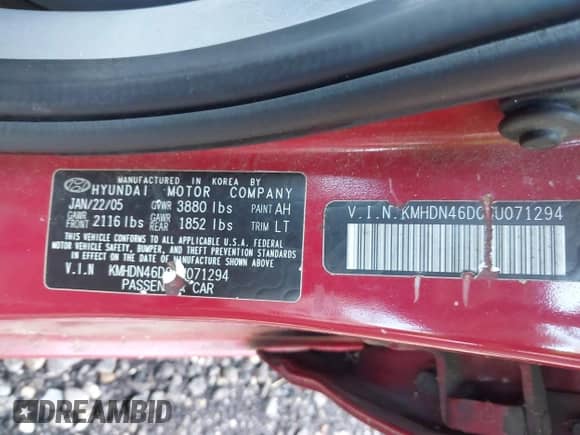 2005 Hyundai Elantra GLS z VIN KMHDN46D05U071294, wystawiony jako IAAI lot #43164529 z przebiegiem Nie podano mil oraz . Historia ofert i sprzedaży dostępna na DreamBid. Obrazek 9.