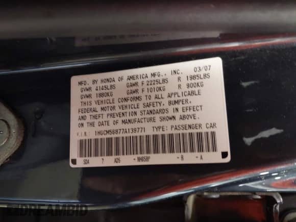 2007 Honda Accord EX-L with VIN 1HGCM56877A139771, listed as a IAAI auction lot 43265655 with 194,324 mi miles and . Bid and sale history available at DreamBid. Image 9.