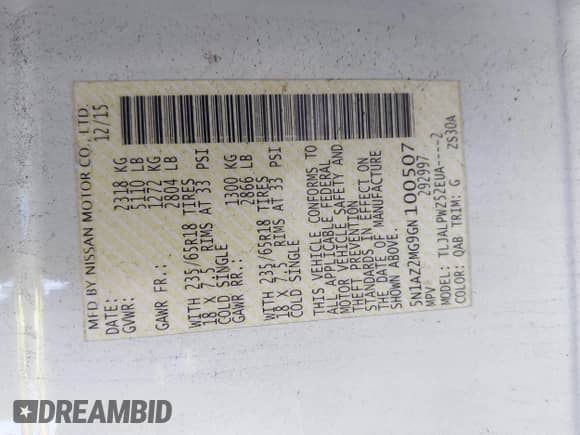 2016 Nissan Murano SL with VIN 5N1AZ2MG9GN100507, listed as a IAAI auction lot 41555046 with 88,199 mi miles and . Bid and sale history available at DreamBid. Image 9.