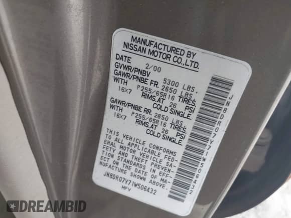 2001 Nissan Pathfinder SE z VIN JN8DR07Y71W506432, wystawiony jako IAAI lot #42459734 z przebiegiem 209 997 mil mil oraz . Historia ofert i sprzedaży dostępna na DreamBid. Obrazek 9.