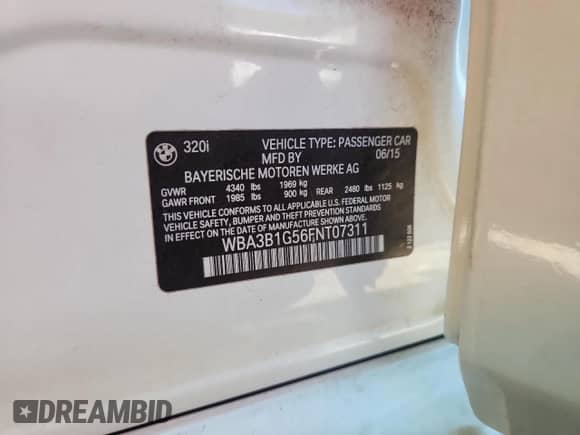 2015 BMW 3 Series 320i с VIN WBA3B1G56FNT07311, выставлен на аукционе Copart как лот 82003445 с пробегом 111 536 миль миль и Списание • Salvage title. История ставок и продаж доступна на DreamBid. Изображение 12.