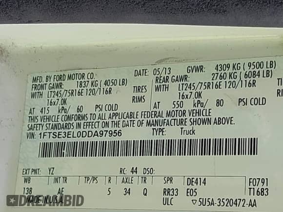 2013 Ford Econoline Cargo Commercial with VIN 1FTSE3EL0DDA97956, listed as a IAAI auction lot 43322942 with 184,511 mi miles and . Bid and sale history available at DreamBid. Image 9.