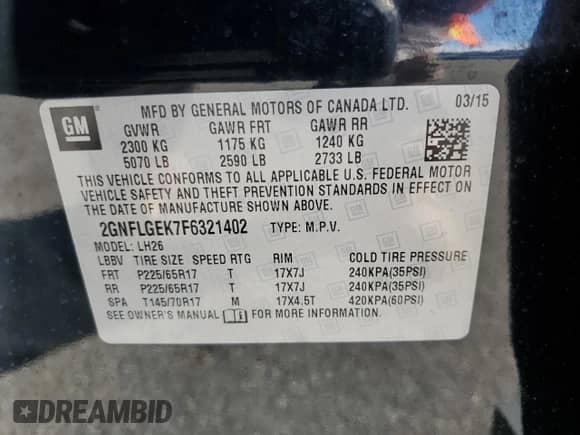 2015 Chevrolet Equinox LT with VIN 2GNFLGEK7F6321402, listed as a Copart auction lot 69374495 with Not provided miles and Salvage title. Bid and sale history available at DreamBid. Image 12.