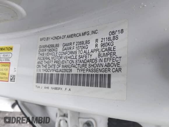 2018 Honda Accord EX z VIN 1HGCV1F42JA229226, wystawiony jako IAAI lot #41833944 z przebiegiem 82 961 mil mil oraz . Historia ofert i sprzedaży dostępna na DreamBid. Obrazek 9.