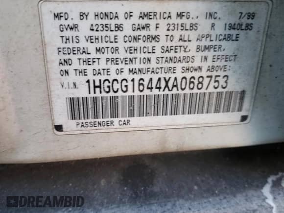 1999 Honda Accord LX with VIN 1HGCG1644XA068753, listed as a Copart auction lot 87135784 with 74,386 mi miles and Clean title. Bid and sale history available at DreamBid. Image 12.
