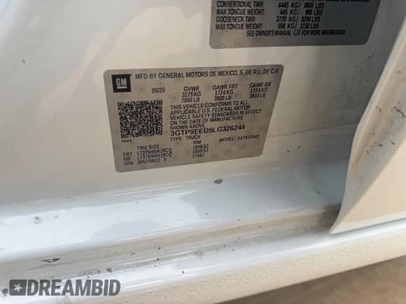 2020 GMC Sierra 1500 AT4 with VIN 3GTP9EED5LG326244, listed as a Copart auction lot 90110505 with 127,873 mi miles and Clean title. Bid and sale history available at DreamBid. Image 10.