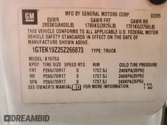 2005 GMC Sierra 1500 SLE z VIN 1GTEK19Z25Z266873, wystawiony jako Copart lot #81870355 z przebiegiem 148 483 mil mil oraz Szkoda całkowita • Salvage title. Historia ofert i sprzedaży dostępna na DreamBid. Obrazek 12.