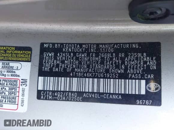 2007 Toyota Camry CE с VIN 4T1BE46K77U619252, выставлен на аукционе IAAI как лот 43533610 с пробегом 157 074 миль миль и . История ставок и продаж доступна на DreamBid. Изображение 9.