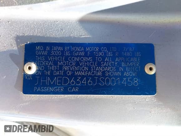 1988 Honda Civic with VIN JHMED6346JS001458, listed as a IAAI auction lot 41857021 with 80,979 mi miles and . Bid and sale history available at DreamBid. Image 9.