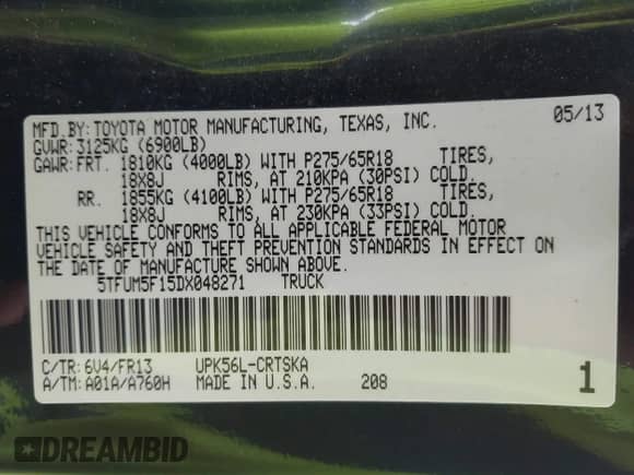 2013 Toyota Tundra с VIN 5TFUM5F15DX048271, выставлен на аукционе IAAI как лот 43291121 с пробегом 200 205 миль миль и . История ставок и продаж доступна на DreamBid. Изображение 9.