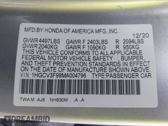 2021 Honda Accord Touring с VIN 1HGCV3F99MA004796, выставлен на аукционе IAAI как лот 42397108 с пробегом 136 655 миль миль и . История ставок и продаж доступна на DreamBid. Изображение 9.