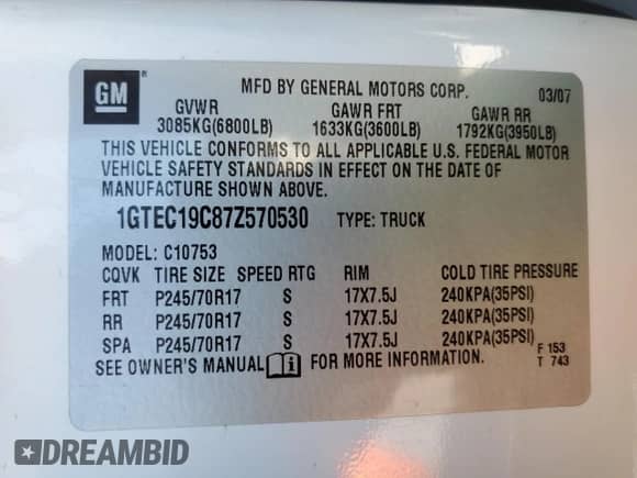 2007 GMC Sierra 1500 SLE1 with VIN 1GTEC19C87Z570530, listed as a Copart auction lot 60296765 with 215,143 mi miles and Salvage title. Bid and sale history available at DreamBid. Image 12.