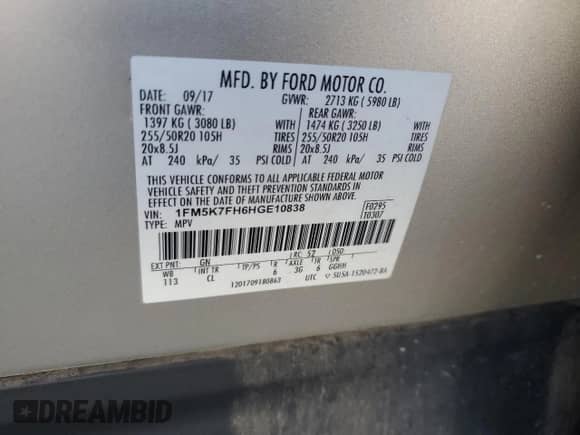 2017 Ford Explorer Limited z VIN 1FM5K7FH6HGE10838, wystawiony jako Copart lot #63212165 z przebiegiem 104 904 mil mil oraz Szkoda całkowita • Salvage title. Historia ofert i sprzedaży dostępna na DreamBid. Obrazek 13.