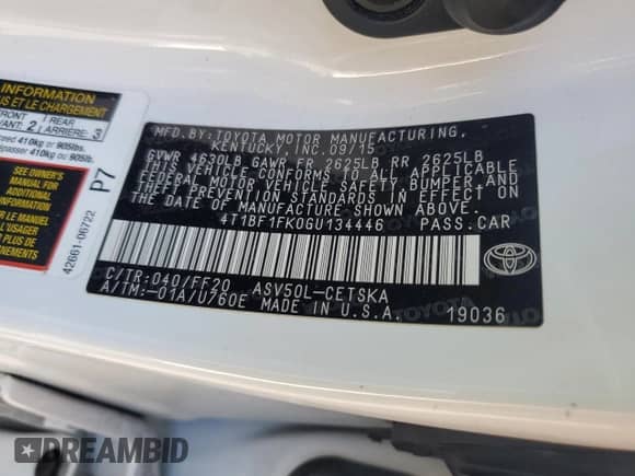 2016 Toyota Camry SE with VIN 4T1BF1FK0GU134446, listed as a Copart auction lot 81784605 with Not provided miles and Salvage title. Bid and sale history available at DreamBid. Image 12.