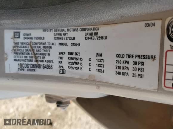2004 Chevrolet Colorado 1SE LS Z71 with VIN 1GCDS136948164968, listed as a Copart auction lot 42053815 with 179,074 mi miles and Salvage title. Bid and sale history available at DreamBid. Image 14.