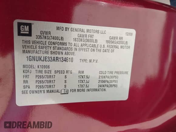 2010 Chevrolet Suburban LT with VIN 1GNUKJE33AR134610, listed as a IAAI auction lot 43041388 with 287,174 mi miles and . Bid and sale history available at DreamBid. Image 9.