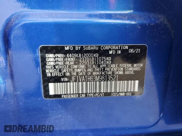 2021 Subaru WRX Limited с VIN JF1VA1H63M9813521, выставлен на аукционе Copart как лот 61155215 с пробегом 104 358 миль миль и Списание • Salvage title. История ставок и продаж доступна на DreamBid. Изображение 12.