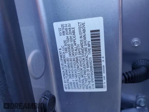 2022 Honda Pilot Special Edition с VIN 5FNYF6H26NB095215, выставлен на аукционе Copart как лот 71595225 с пробегом 40 752 миль миль и Списание • Salvage title. История ставок и продаж доступна на DreamBid. Изображение 13.