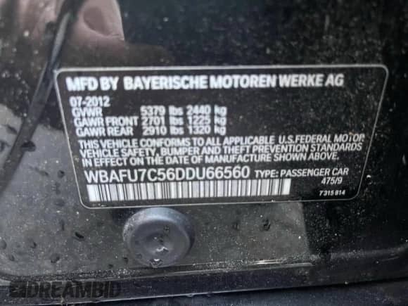 2013 BMW 5 Series 535i xDrive с VIN WBAFU7C56DDU66560, выставлен на аукционе Copart как лот 87309075 с пробегом 109 405 миль миль и Чистый • Clean title. История ставок и продаж доступна на DreamBid. Изображение 10.