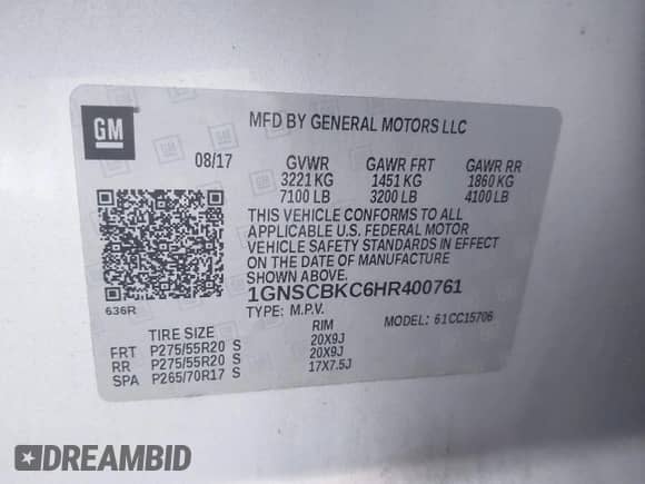 2017 Chevrolet Tahoe LT with VIN 1GNSCBKC6HR400761, listed as a IAAI auction lot 42612368 with 125,843 mi miles and . Bid and sale history available at DreamBid. Image 9.