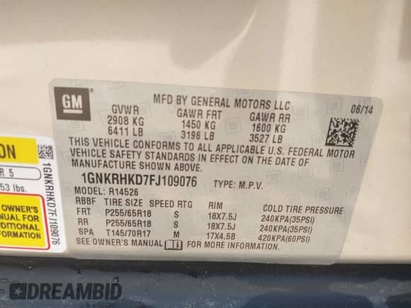 2015 Chevrolet Traverse LT с VIN 1GNKRHKD7FJ109076, выставлен на аукционе IAAI как лот 42032817 с пробегом 62 830 миль миль и . История ставок и продаж доступна на DreamBid. Изображение 9.