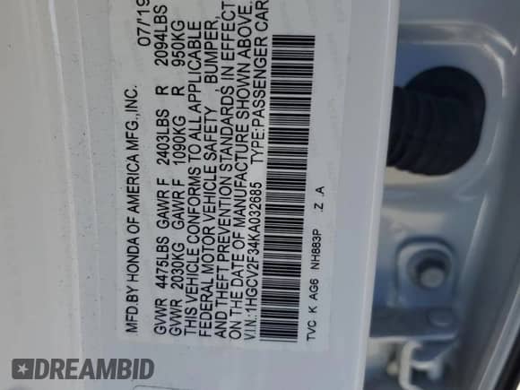 2019 Honda Accord Sport with VIN 1HGCV2F34KA032685, listed as a Copart auction lot 66515035 with 20,809 mi miles and Salvage title. Bid and sale history available at DreamBid. Image 12.