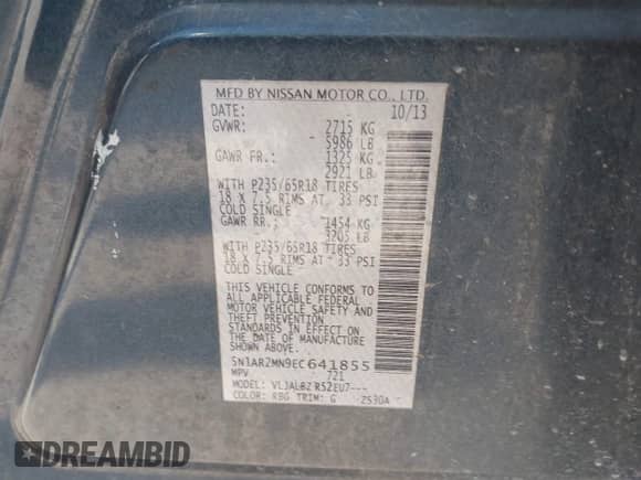 2014 Nissan Pathfinder Platinum z VIN 5N1AR2MN9EC641855, wystawiony jako IAAI lot #43389356 z przebiegiem 202 002 mil mil oraz . Historia ofert i sprzedaży dostępna na DreamBid. Obrazek 9.