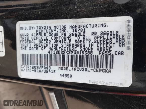 2002 Toyota Camry LE с VIN 4T1BE32K32U015688, выставлен на аукционе IAAI как лот 43423685 с пробегом 143 573 миль миль и . История ставок и продаж доступна на DreamBid. Изображение 9.