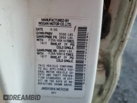 2001 Nissan Pathfinder LE с VIN JN8DR09Y41W576208, выставлен на аукционе Copart как лот 88169895 с пробегом 233 414 миль миль и Чистый • Clean title. История ставок и продаж доступна на DreamBid. Изображение 13.