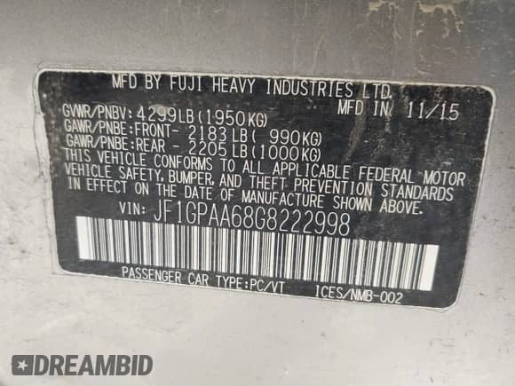 2016 Subaru Impreza 2.0i с VIN JF1GPAA68G8222998, выставлен на аукционе IAAI как лот 43328503 с пробегом 103 864 миль миль и . История ставок и продаж доступна на DreamBid. Изображение 9.