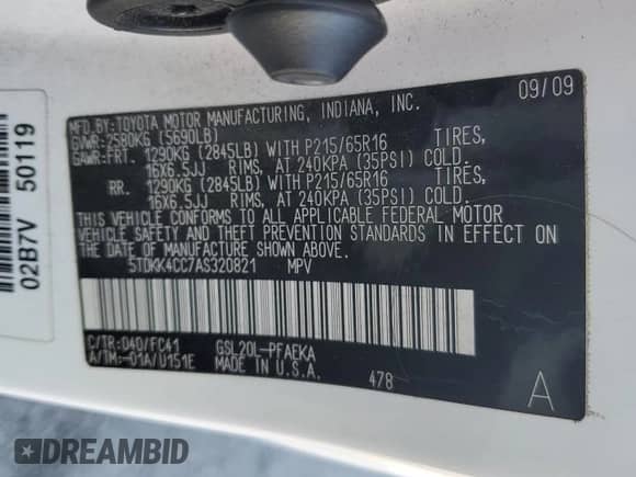 2010 Toyota Sienna CE z VIN 5TDKK4CC7AS320821, wystawiony jako Copart lot #71125375 z przebiegiem 173 465 mil mil oraz Szkoda całkowita • Salvage title. Historia ofert i sprzedaży dostępna na DreamBid. Obrazek 13.