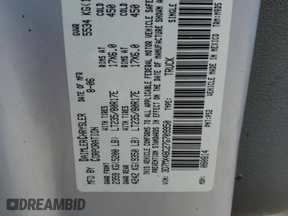 2007 Dodge 3500 SLT with VIN 3D7MX48C27G709950, listed as a Copart auction lot 66548895 with Not provided miles and Salvage title. Bid and sale history available at DreamBid. Image 12.