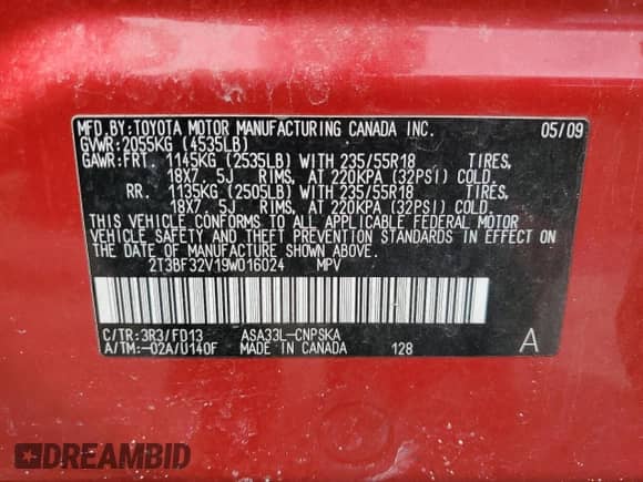 2009 Toyota RAV4 Sport with VIN 2T3BF32V19W016024, listed as a Copart auction lot 46309005 with 186,322 mi miles and Non repairable. Bid and sale history available at DreamBid. Image 13.