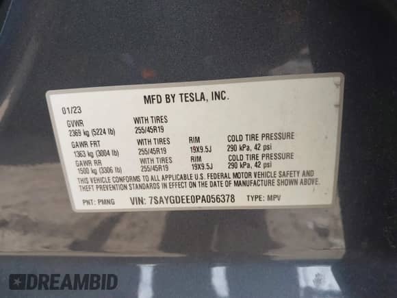 2023 Tesla Model Y Long Range with VIN 7SAYGDEE0PA056378, listed as a IAAI auction lot 43086315 with 22,635 mi miles and . Bid and sale history available at DreamBid. Image 9.
