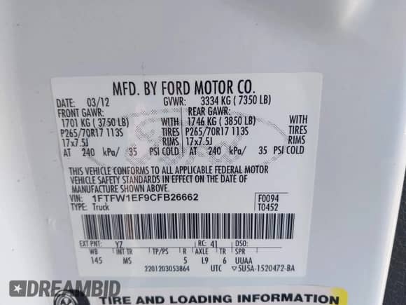 2012 Ford F-150 XL z VIN 1FTFW1EF9CFB26662, wystawiony jako IAAI lot #43477531 z przebiegiem 186 497 mil mil oraz . Historia ofert i sprzedaży dostępna na DreamBid. Obrazek 9.