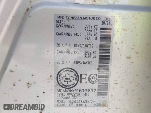 2015 Nissan Pathfinder Platinum with VIN 5N1AR2MMXFC613832, listed as a IAAI auction lot 42628734 with 182,941 mi miles and . Bid and sale history available at DreamBid. Image 9.