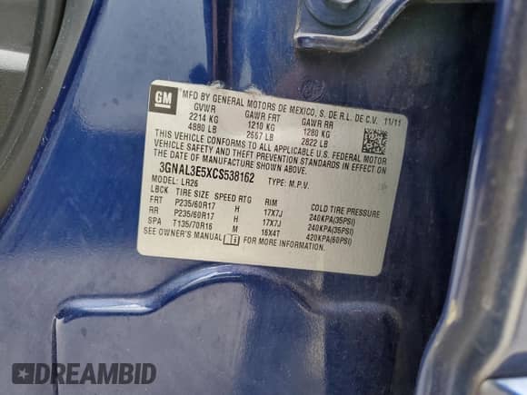 2012 Chevrolet Captiva Sport LT с VIN 3GNAL3E5XCS538162, выставлен на аукционе Copart как лот 77002814 с пробегом Не указан миль и Списание • Salvage title. История ставок и продаж доступна на DreamBid. Изображение 14.