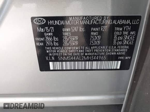 2021 Hyundai Santa Fe Limited with VIN 5NMS44AL2MH344965, listed as a IAAI auction lot 43247706 with 32,452 mi miles and . Bid and sale history available at DreamBid. Image 9.