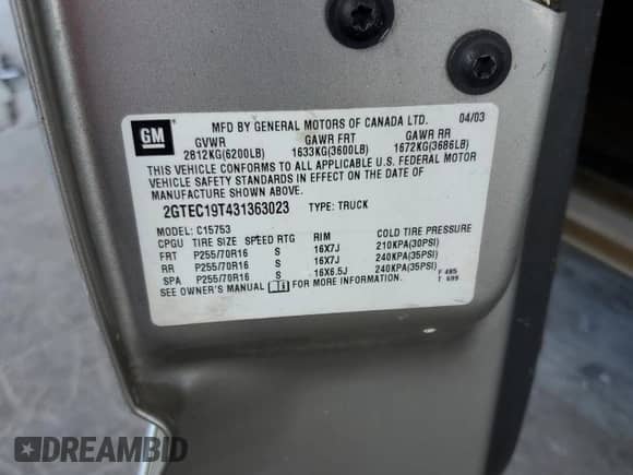 2003 GMC Sierra 1500 SLE with VIN 2GTEC19T431363023, listed as a Copart auction lot 64850105 with Not provided miles and Salvage title. Bid and sale history available at DreamBid. Image 12.