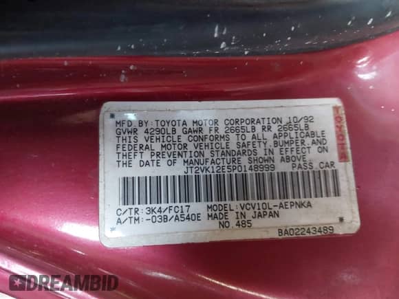 1993 Toyota Camry с VIN JT2VK12E5P0148999, выставлен на аукционе IAAI как лот 42162900 с пробегом 142 572 миль миль и . История ставок и продаж доступна на DreamBid. Изображение 9.