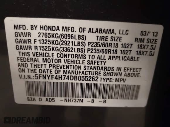 2013 Honda Pilot EX-L with VIN 5FNYF4H74DB055262, listed as a IAAI auction lot 42515947 with 229,037 mi miles and . Bid and sale history available at DreamBid. Image 9.