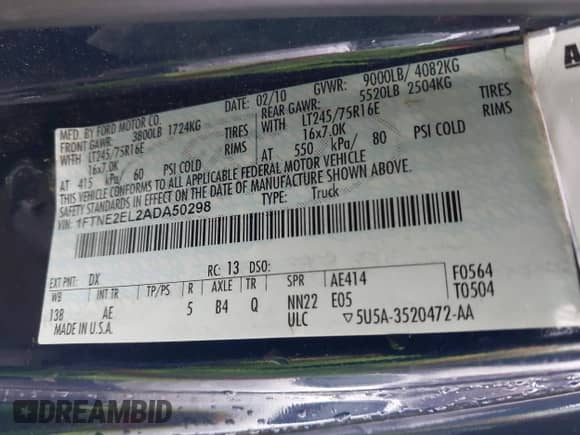 2010 Ford Econoline Cargo Commercial with VIN 1FTNE2EL2ADA50298, listed as a IAAI auction lot 41792106 with 233,180 mi miles and . Bid and sale history available at DreamBid. Image 9.