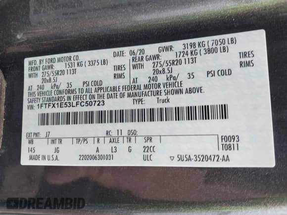 2020 Ford F-150 XL z VIN 1FTFX1E53LFC50723, wystawiony jako IAAI lot #41469435 z przebiegiem 68 857 mil mil oraz . Historia ofert i sprzedaży dostępna na DreamBid. Obrazek 9.