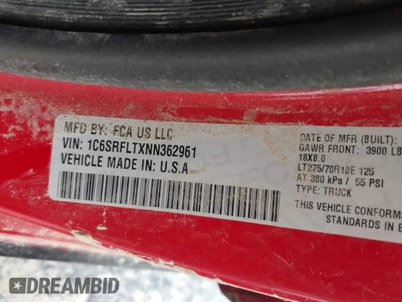 2022 Ram 1500 Rebel z VIN 1C6SRFLTXNN362961, wystawiony jako IAAI lot #42605488 z przebiegiem 121 529 mil mil oraz . Historia ofert i sprzedaży dostępna na DreamBid. Obrazek 9.