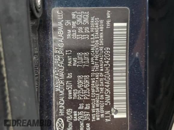 2010 Hyundai Santa Fe Limited с VIN 5NMSK4AG0AH342099, выставлен на аукционе Copart как лот 62944265 с пробегом 159 816 миль миль и Списание • Salvage title. История ставок и продаж доступна на DreamBid. Изображение 13.