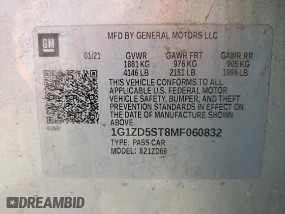 2021 Chevrolet Malibu LT with VIN 1G1ZD5ST8MF060832, listed as a Copart auction lot 83780785 with 96,778 mi miles and Salvage title. Bid and sale history available at DreamBid. Image 12.