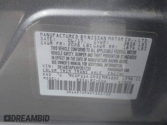 2017 Nissan Sentra SR с VIN 3N1AB7APXHY351733, выставлен на аукционе IAAI как лот 43167023 с пробегом 119 707 миль миль и . История ставок и продаж доступна на DreamBid. Изображение 9.