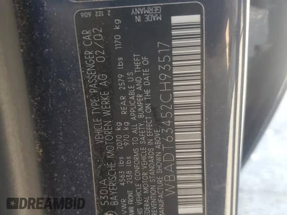 2002 BMW 5 Series 530i с VIN WBADT63452CH93517, выставлен на аукционе Copart как лот 84451245 с пробегом 135 604 миль миль и Списание • Salvage title. История ставок и продаж доступна на DreamBid. Изображение 12.